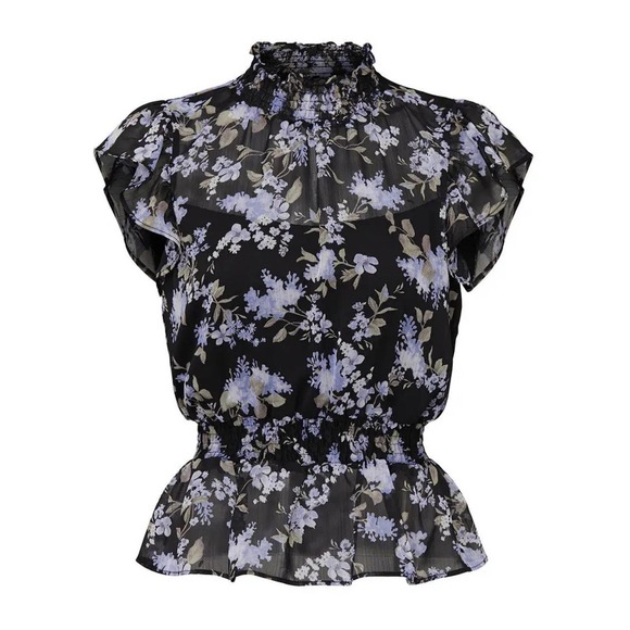 Great Jones Tops - Great Jones Floral Peplum Top Ruffled Mockneck Black w/ Purple Floral Print US M